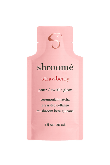 shroomé Strawberry matcha sachet — single-serve packet with ceremonial matcha, lion's mane, and collagen