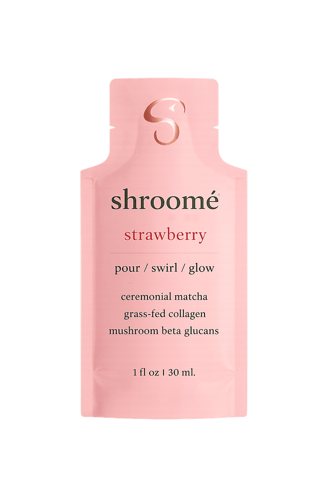 shroomé Strawberry matcha sachet — single-serve packet with ceremonial matcha, lion's mane, and collagen