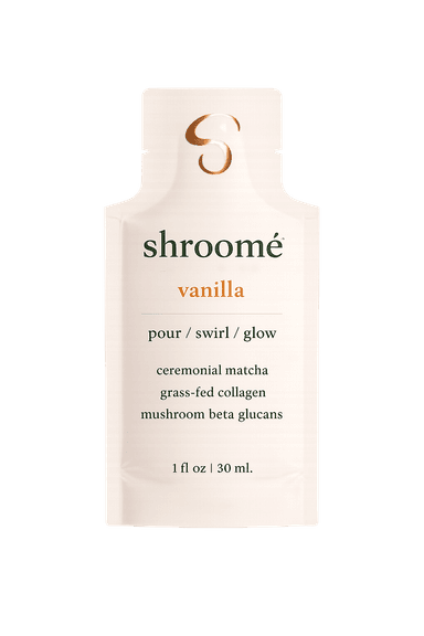 shroomé Vanilla matcha sachet — single-serve packet with ceremonial matcha, lion's mane, and collagen