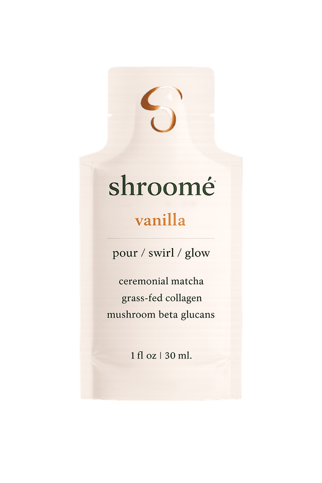 shroomé Vanilla matcha sachet — single-serve packet with ceremonial matcha, lion's mane, and collagen