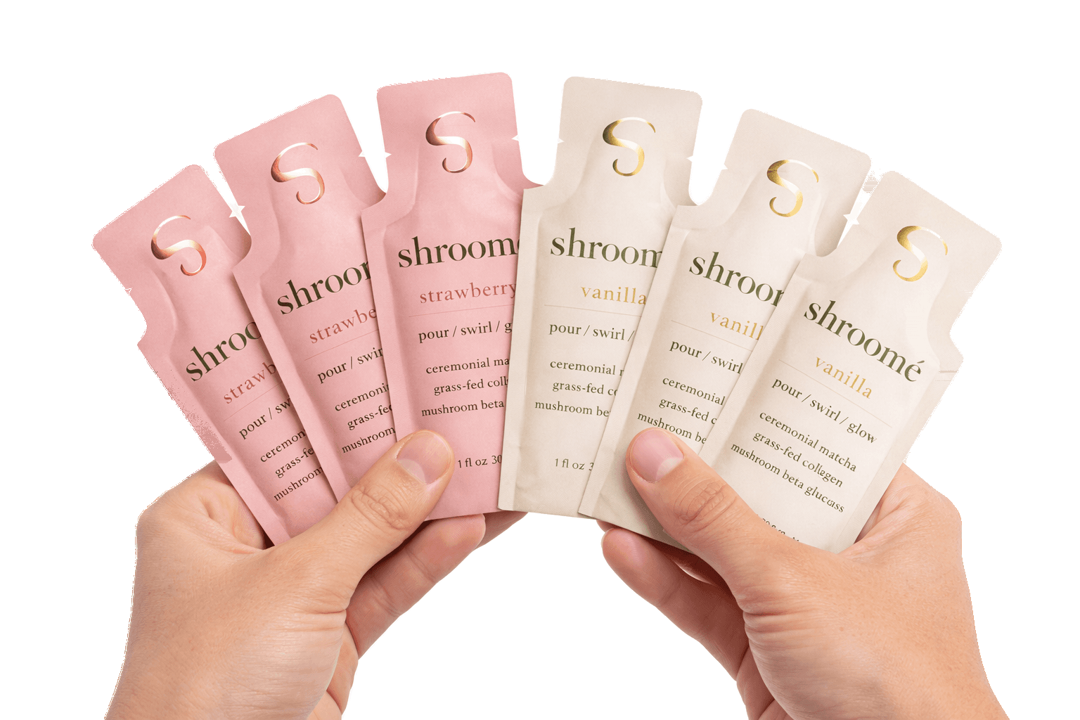 Two shroomé sachets side by side — Vanilla and Strawberry matcha blends