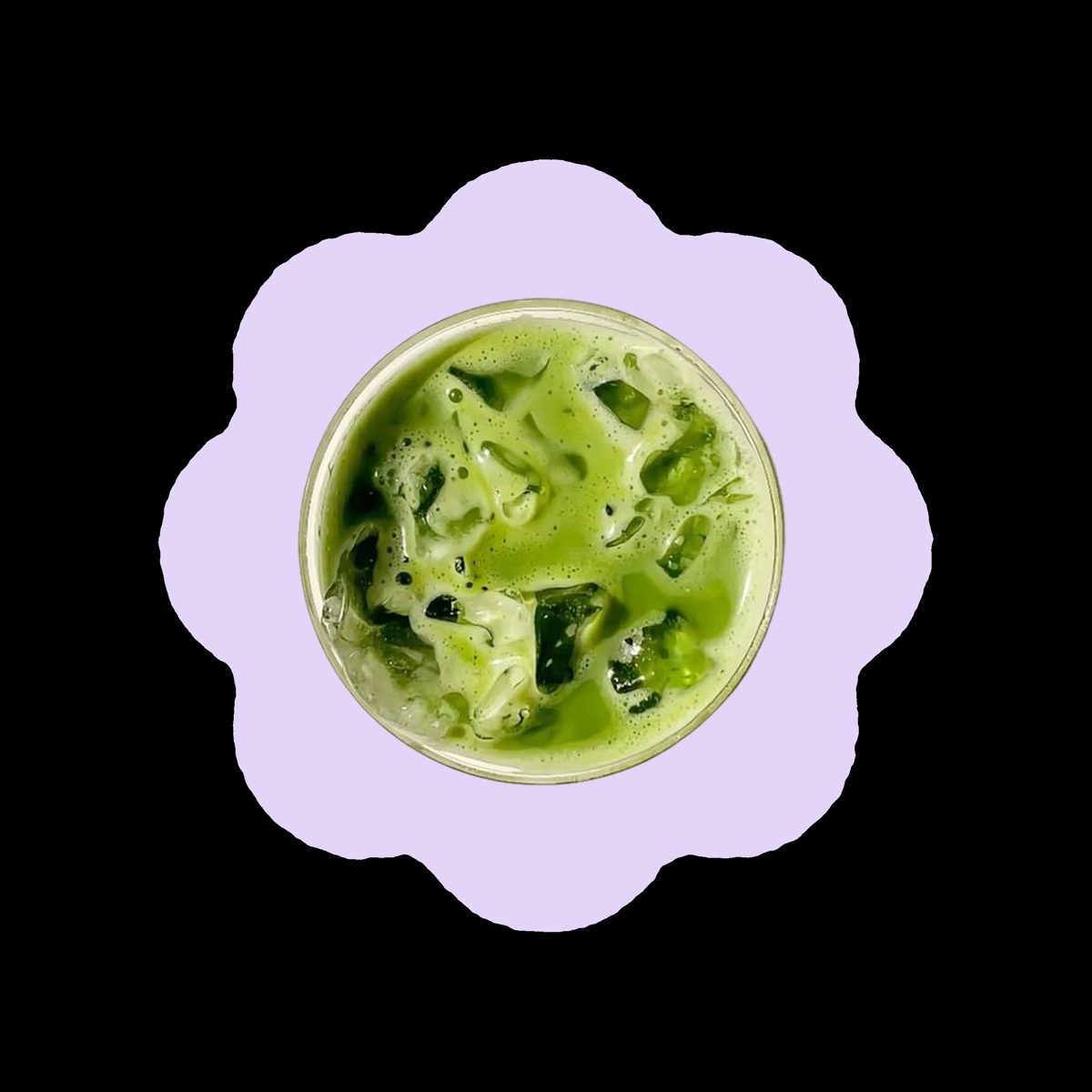 Iced matcha in a lavender flower glass