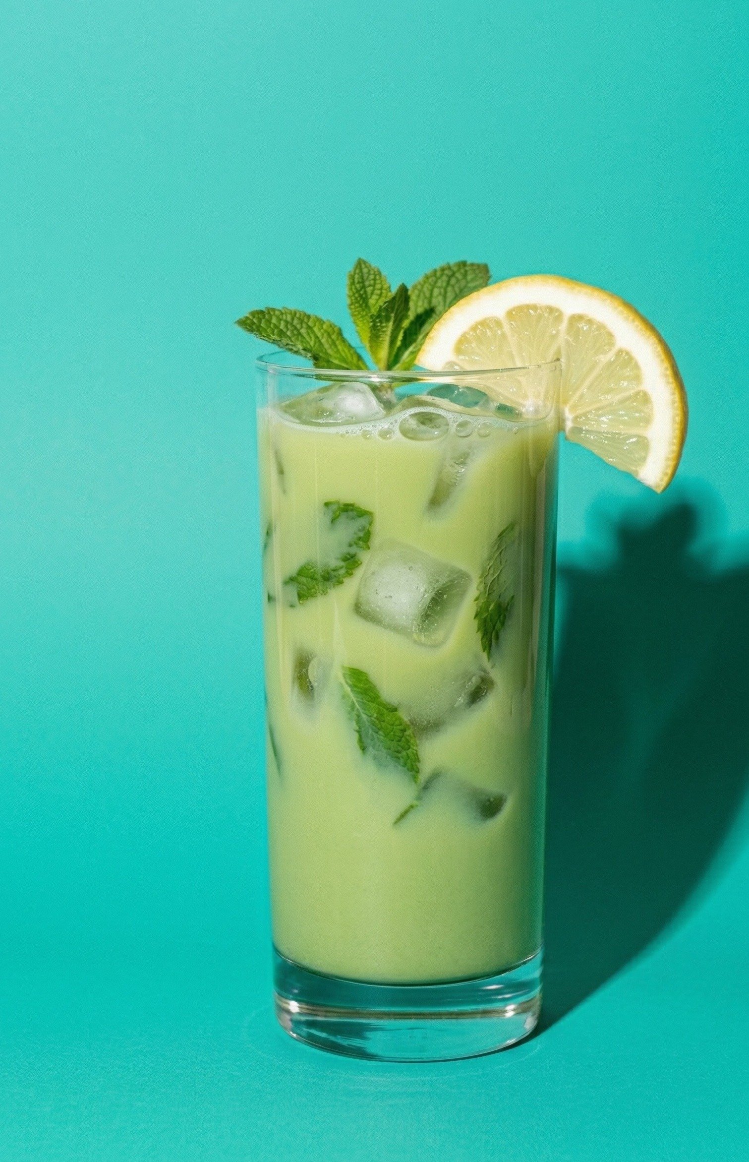 Coconut Water Matcha — refreshing green matcha with coconut water, mint leaves, and lemon in a tall glass