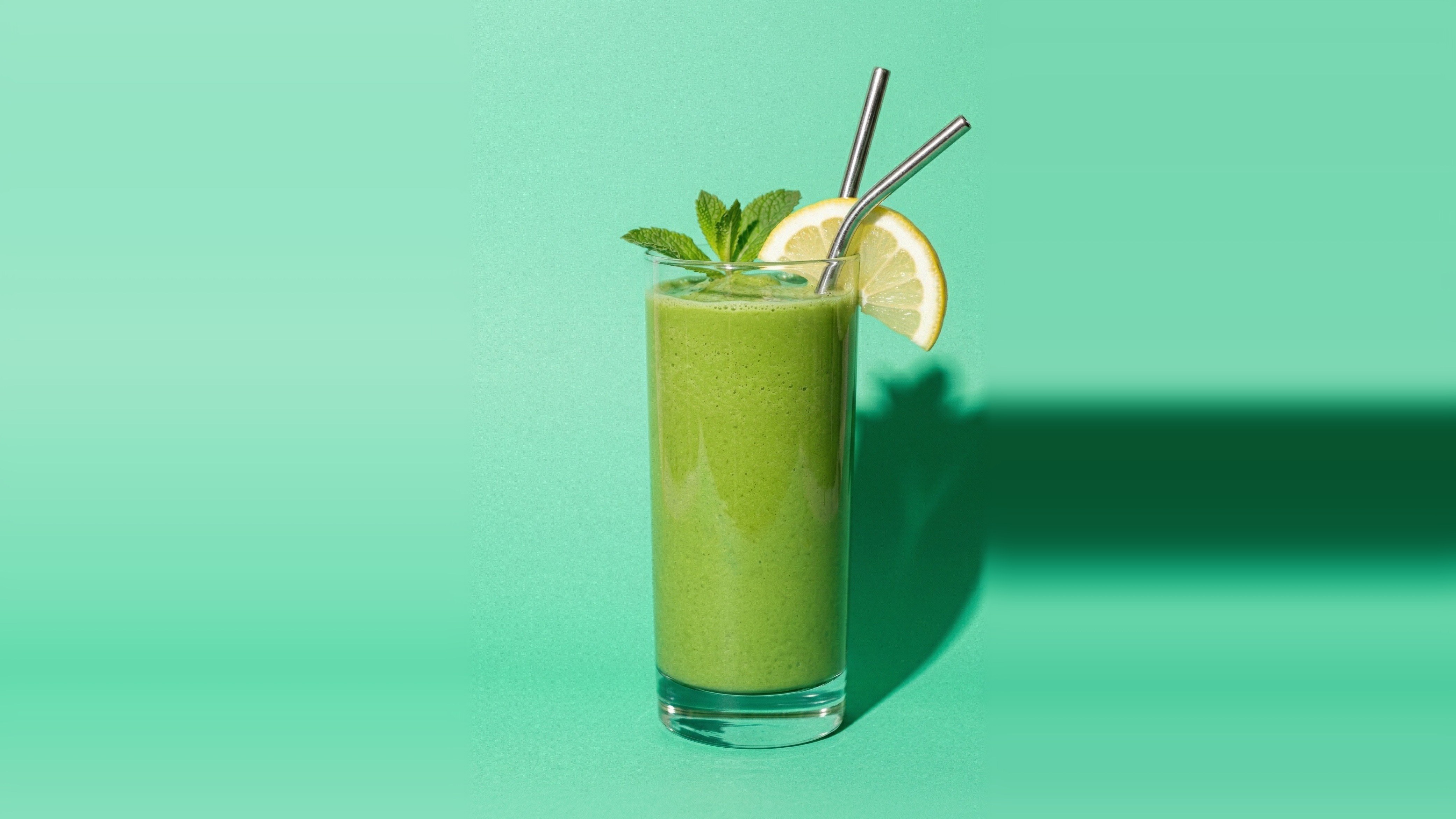 Protein Matcha Shake — green protein smoothie in a tall glass garnished with fresh mint and lemon