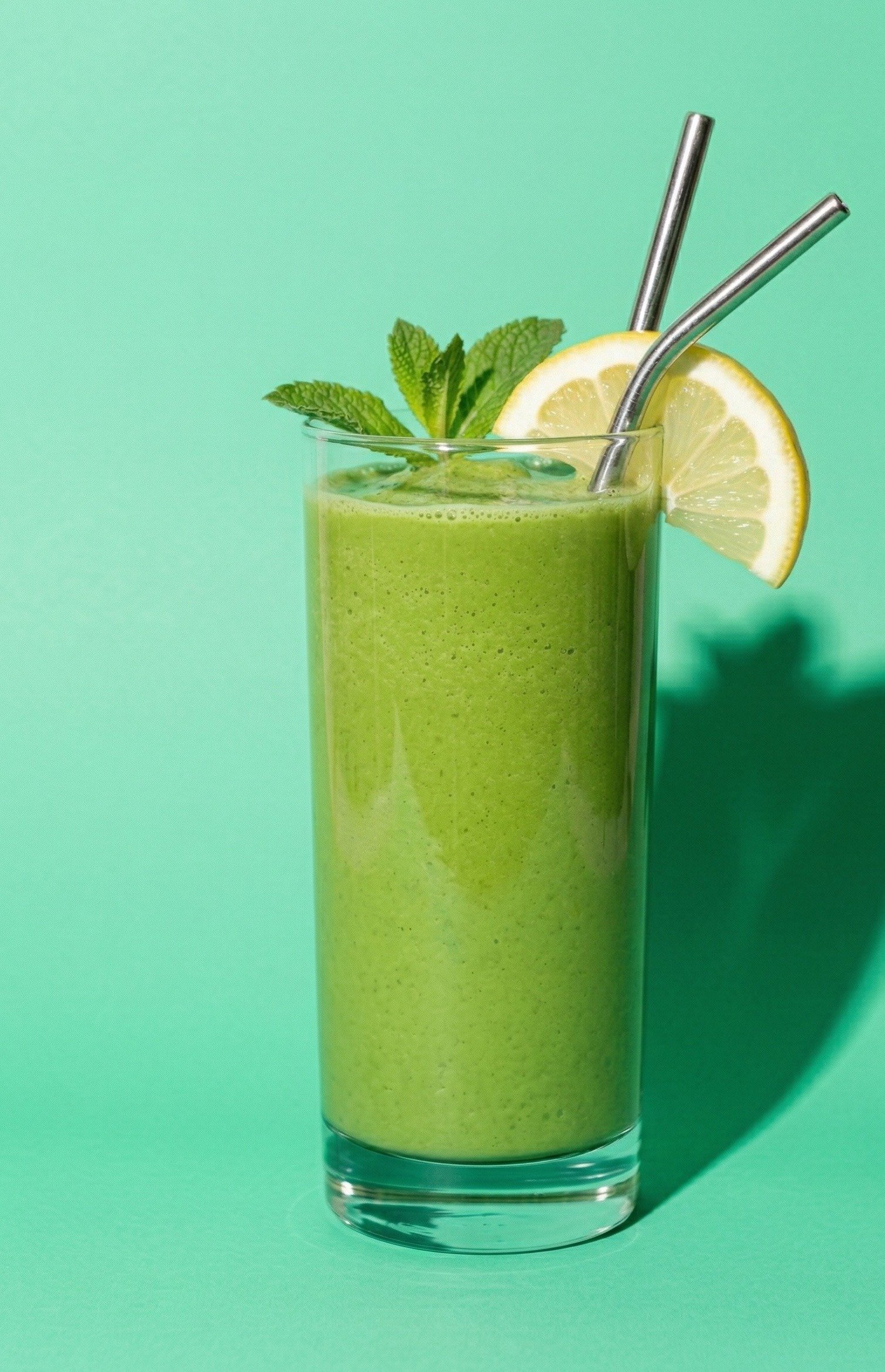 Protein Matcha Shake — green protein smoothie in a tall glass garnished with fresh mint and lemon